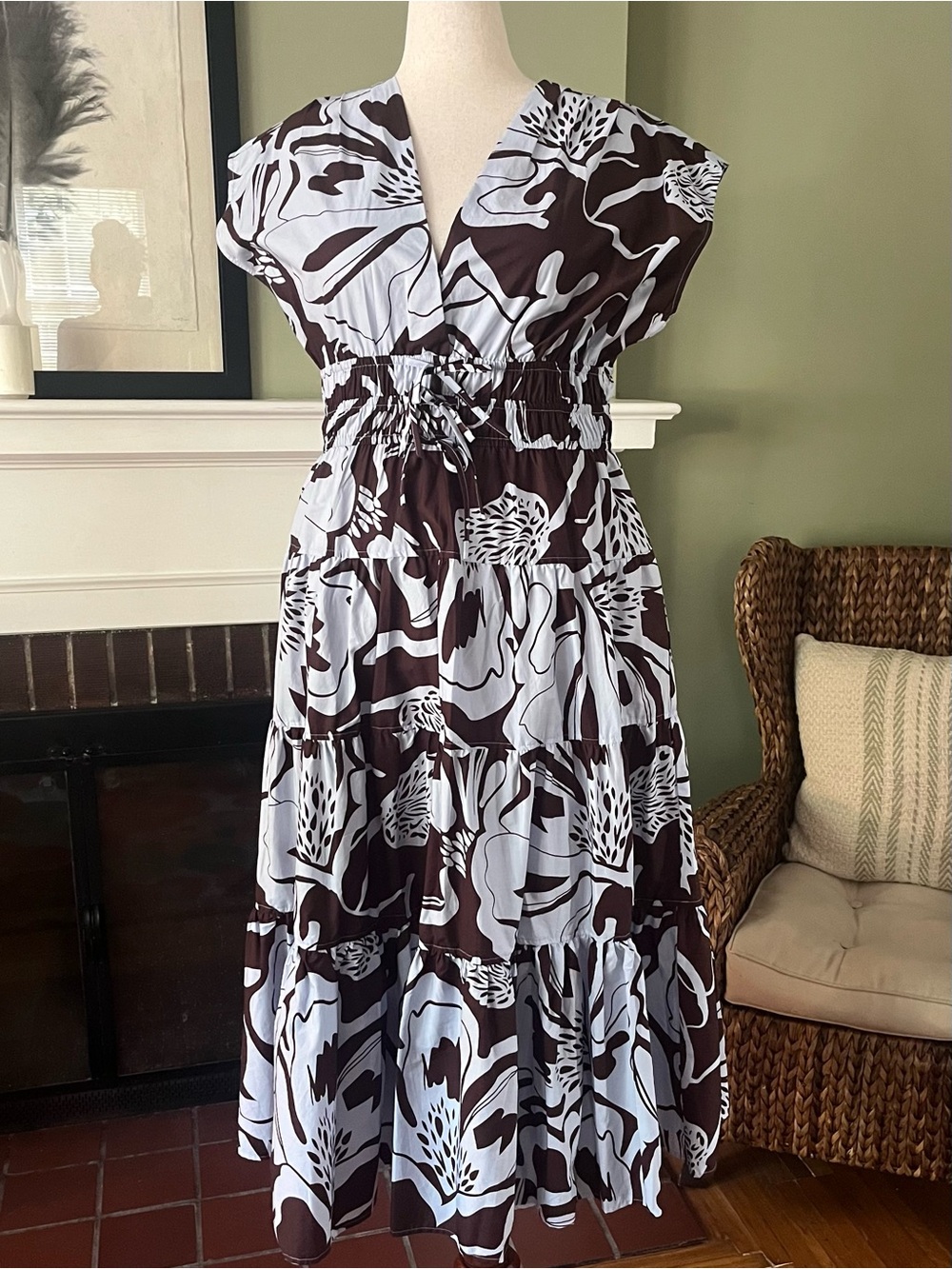 Cynthia Rowley Brown & Powder Blue Floral Tiered Maxi Dress size XL